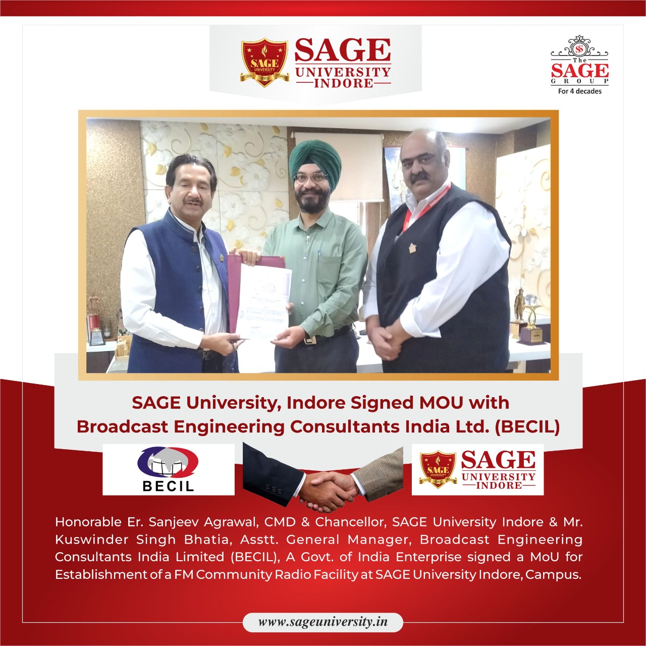 SAGE University Indore Signed MOU With Broadcast Engineering Consultants India Limited (BECIL)